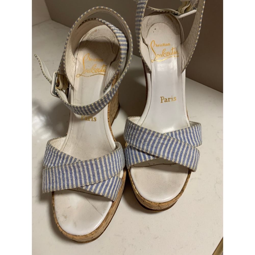 Christian Louboutin Blue White Striped Cork Wedge Sandals Red Bottom Platform